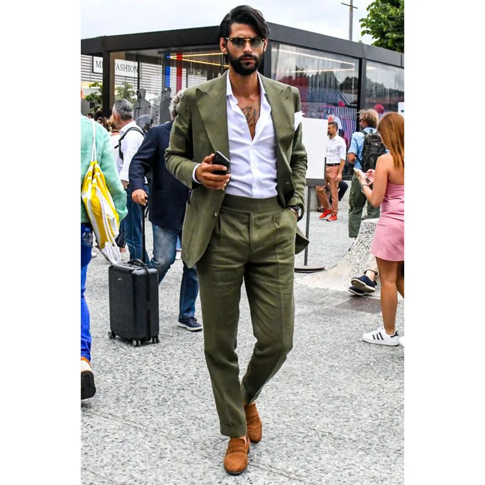 Fashion Chic New in Green Suits for Men Notch Lapel 2 Piece Jacket Pants Male Clothing Elegant Business Gentleman Costumes Sets