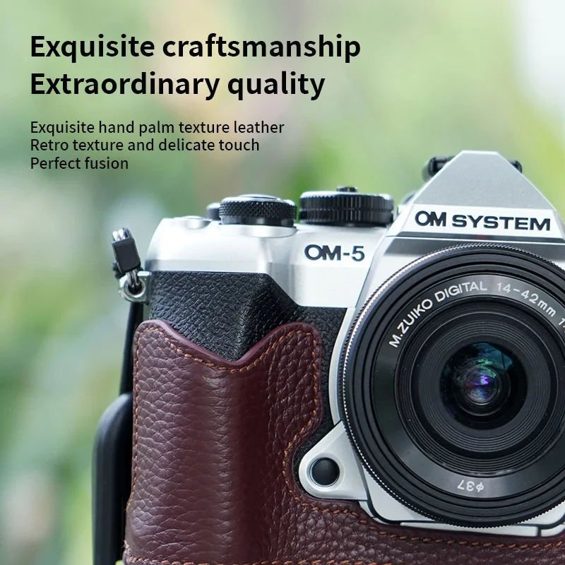 Genuine Leather Retro Camera Half Case Protective Sleeve for Olympus OM-5II OM SYSTEM OM-5 Mark II Anti-Drop Shock-Absorbent