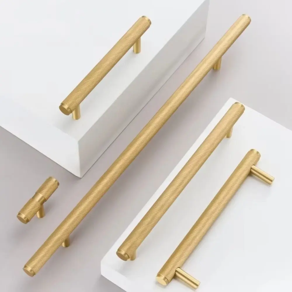 Solid Brass Cabinet Handles Brushed Gold Ribbed Cylindrical Drawer Pulls DIY Friendly Surface Mounted Door Pulls
