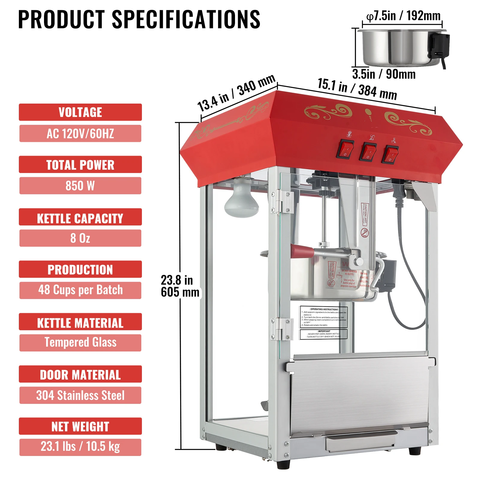 SucceBuy 8 12 Oz Popcorn MakerPopcorn Popper Machine Ketel Maakt Aanrecht Popcorn Maker Met Gehard Glas