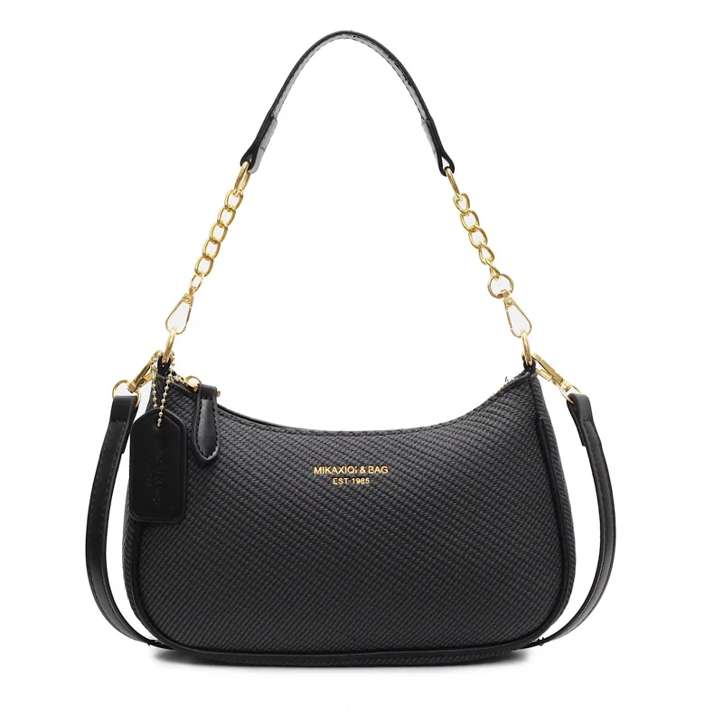 

Vintage Black Textured Hobo Bag with Gold Chain, Retro Shoulder & Crossbody Purse, Multi-Use Casual Handbag for Women Daily Use