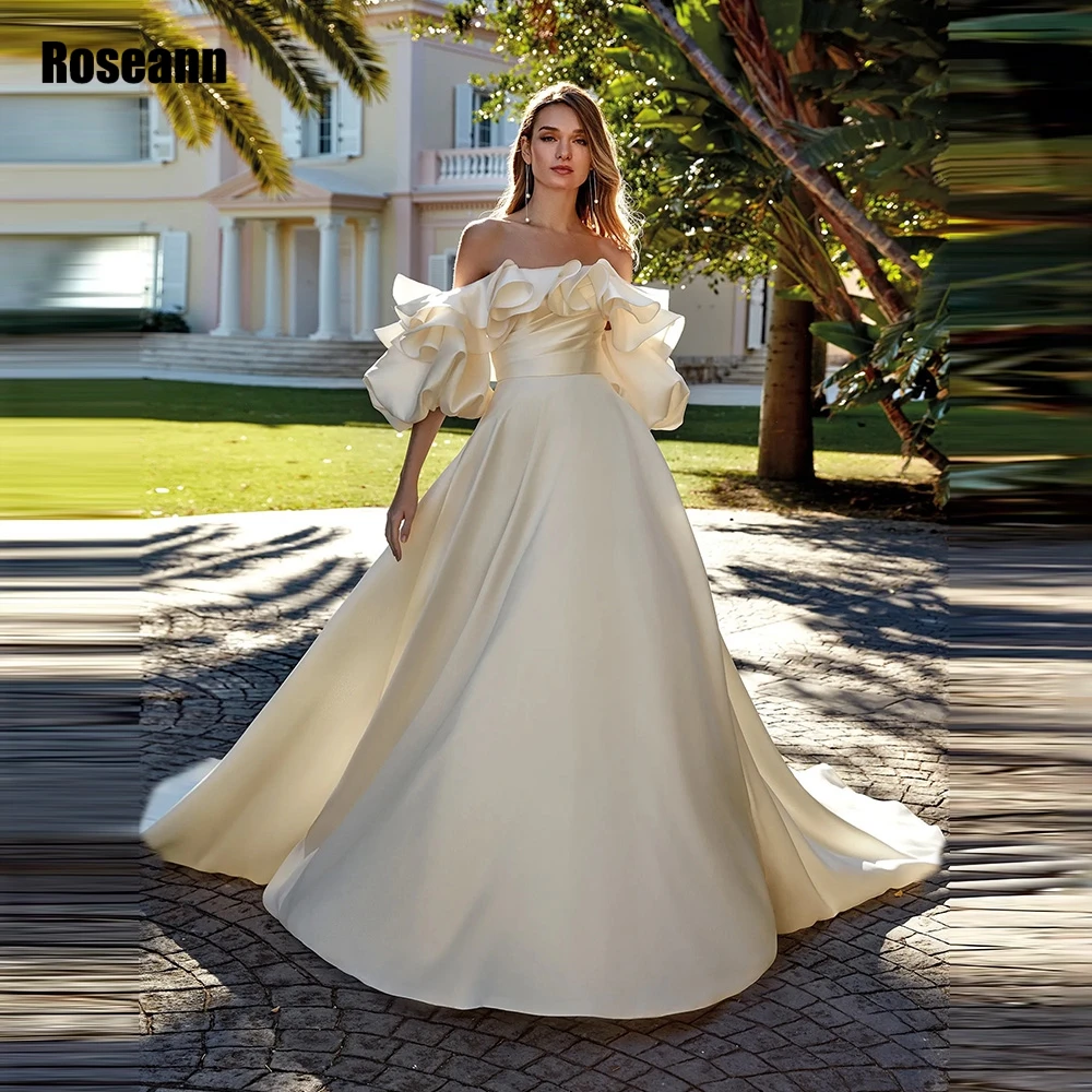 

Light Champagne Satin Wedding Dresses Boat Neck Puffy Short Sleeves Bridal Gowns Button Back Court Train A Line robe de mariée