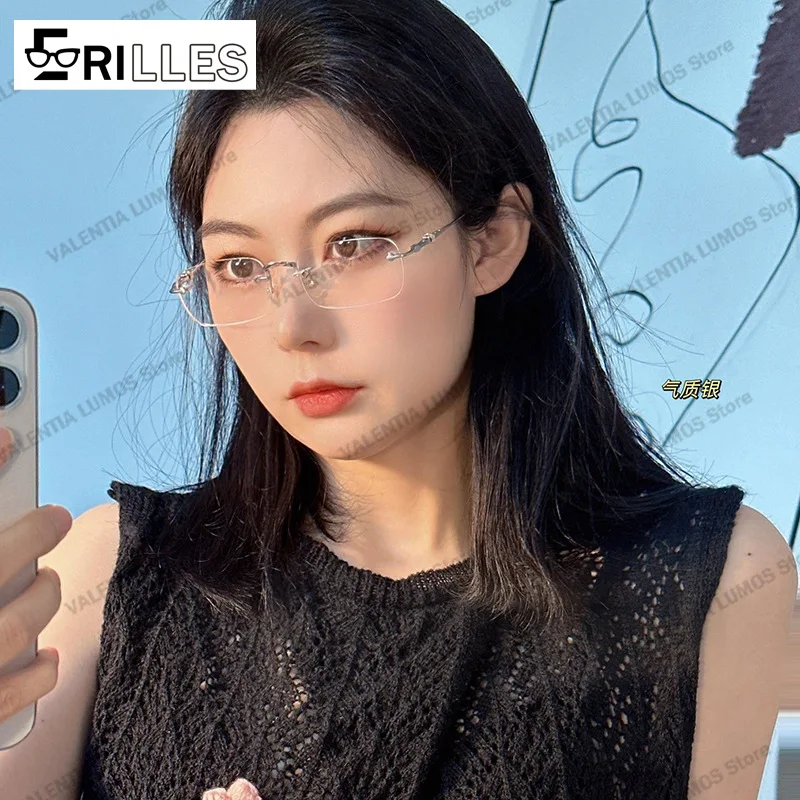 Occhiali da vista senza montatura da donna in titanio, montatura per occhiali che blocca la luce blu, anti-fatica leggera per ufficio/lettura