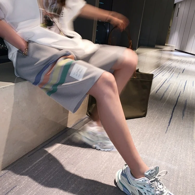 

Эффект похудения, радужная трикотажная женская одежда больших размеров, свободная посадка для тяжелых девушек, летняя уличная одежда с высокой талией