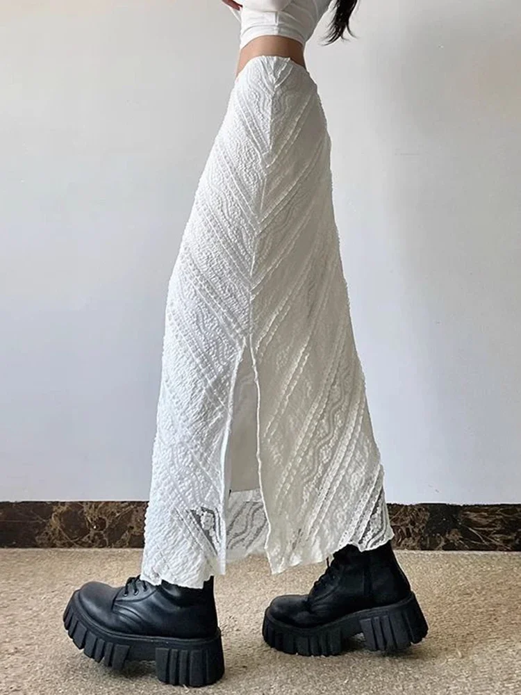 Elegante Weiße Spitze Langen Rock Frauen Vintage Schlank Sexy Schlitz Streetwear Röcke Sommer Retro Hohe Taille Design Dame Langen Rock