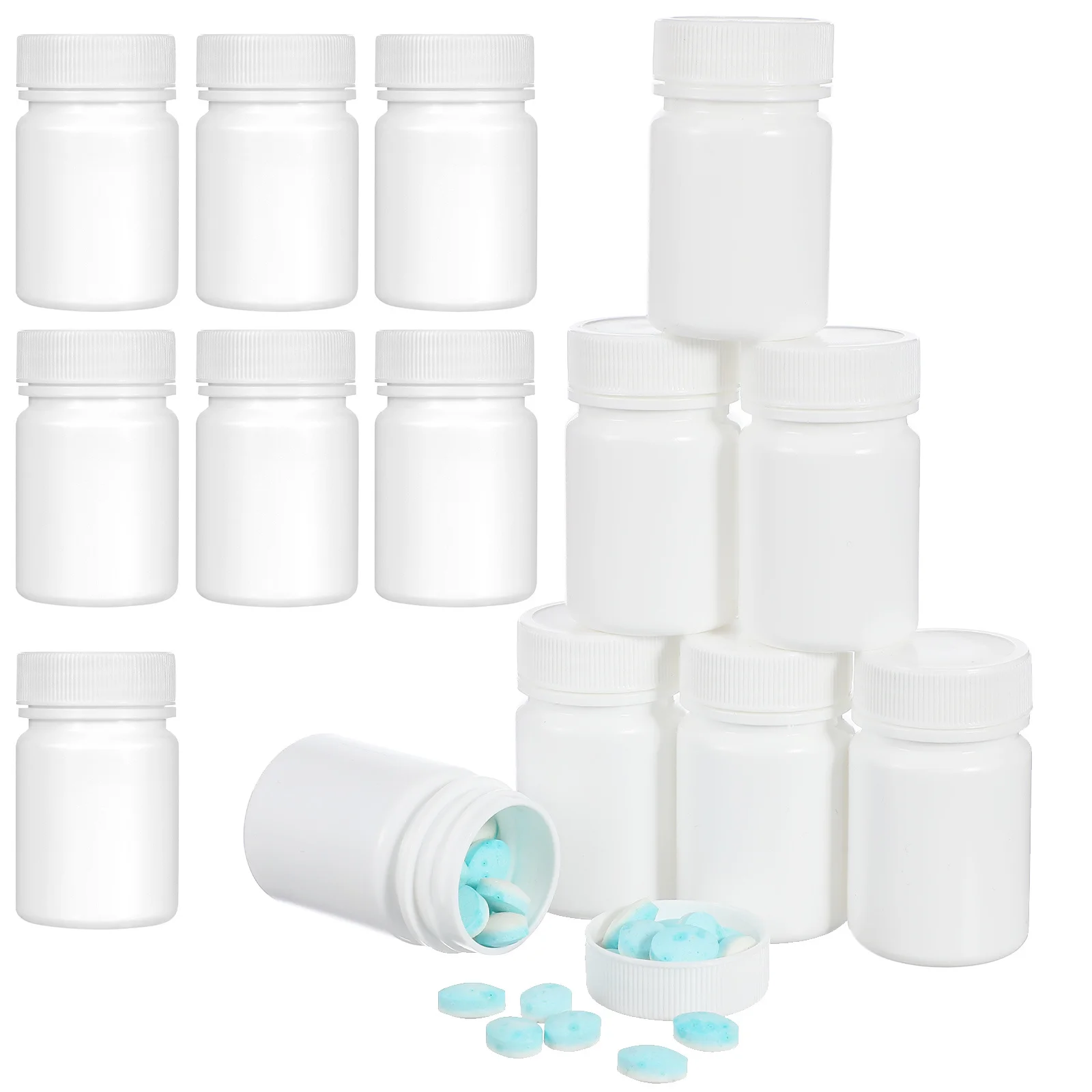 20 piezas contenedor de pastillas de 50Ml, botella pequeña portátil para pastillas, soporte para tableta de viaje, botellas de almacenamiento de cápsulas blancas, medicamentos