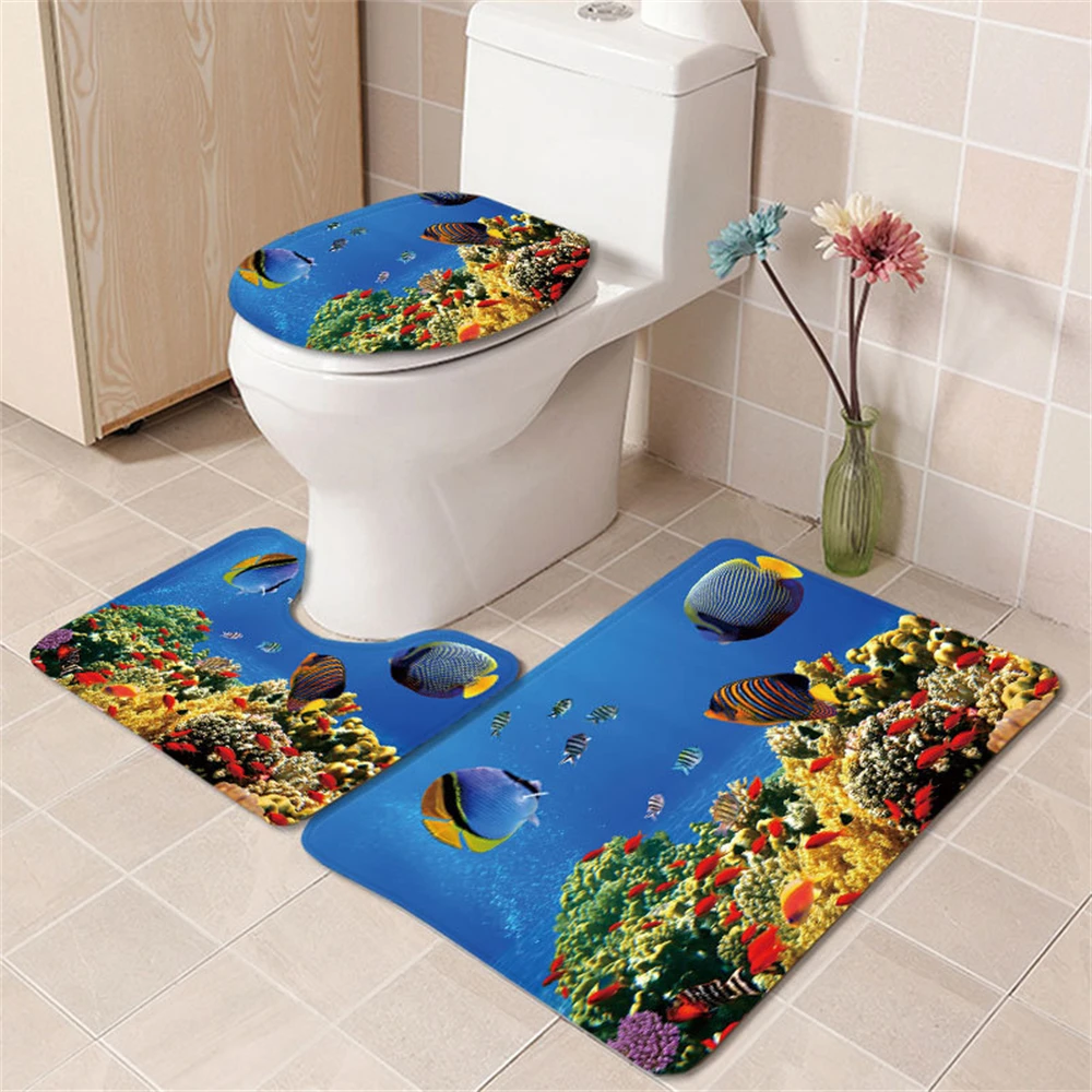 

Underwater World Marine Fish Coral Bathroom Bathroom Decoration Three-piece Carpet, Toilet Mat Bath Mat non-slip absorbent