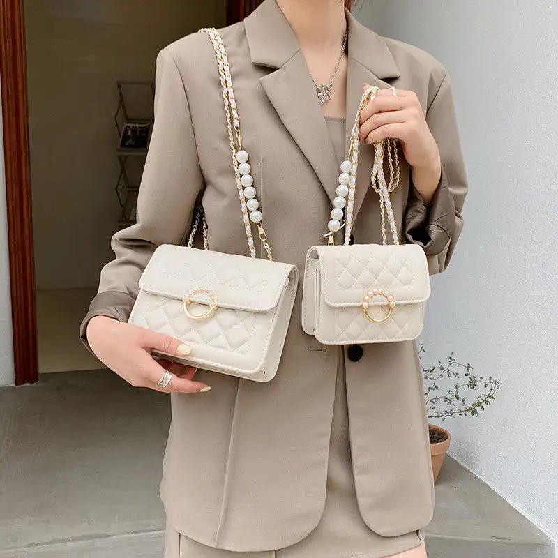 Shoulder Bags for Women Pearls Fashion Diamond Lattice PU Hand Bag Femme Cross Body Chain OL Temperament Luxury Mini Flap Trendy