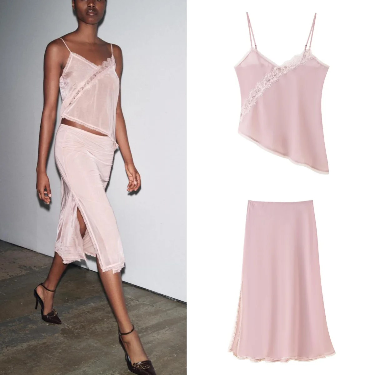 

Elegant Lace Splice Organza Crop Top And Midi Skirt Set Women's Fashion Ensemble mid Waist Slit Organza Midi Skirt
