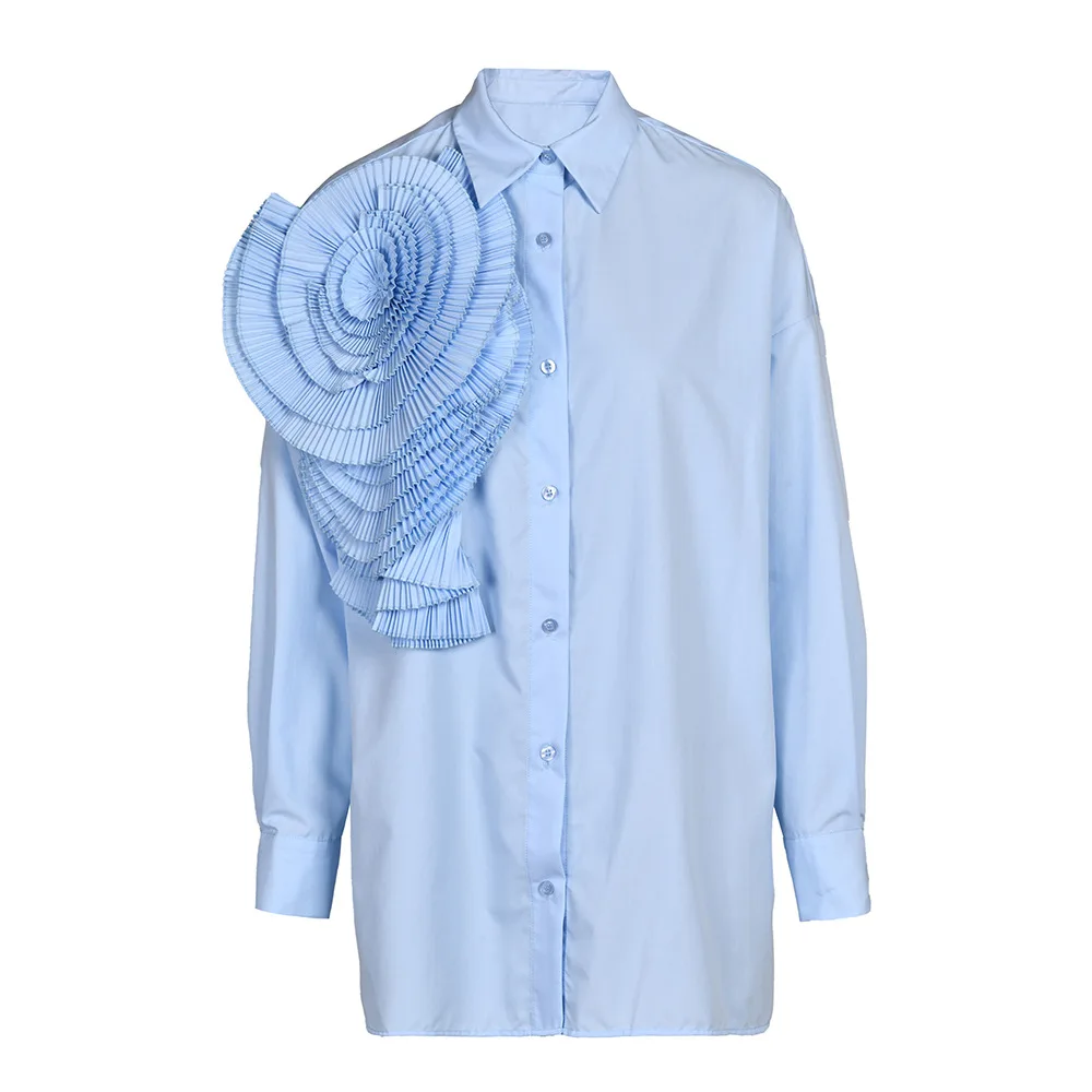 Women Shirt fashion Design Sense Pleated Three-dimensional Flowers Shirt Ladies Fried Street Versatile Casual Shirts for Female