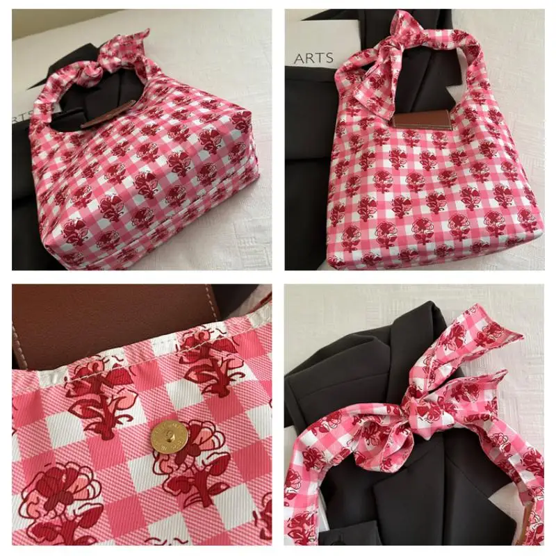 Geblümte Gingham-Canvas-Tragetasche mit Schleifengriff, Leder-Druckknopfverschluss, Große Kapazität für den täglichen Arbeitsweg, Einkäufe und Reisen – Detail 14