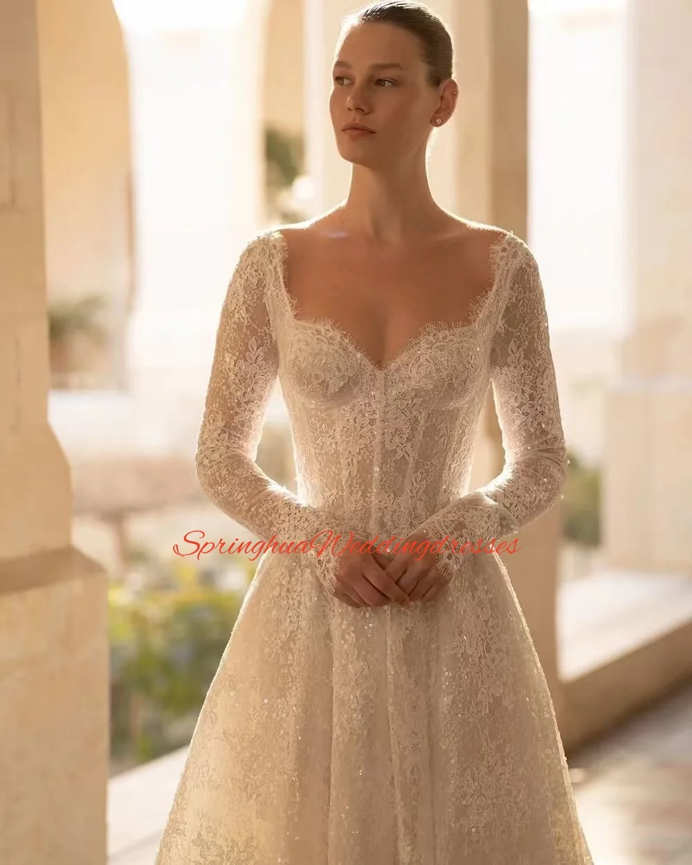 Vestido de casamento de renda de luxo personalizado querida mangas compridas vestido de noiva lantejoulas brilhante vestido de noiva elegante
