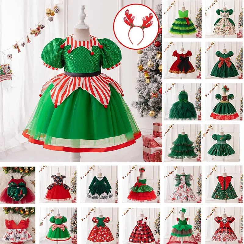 

Christmas Cosplay Santa Claus Cartoon Printed Princess Dress Red Green Tutu Costume with Headwear Full Set for Girls Xmas Party