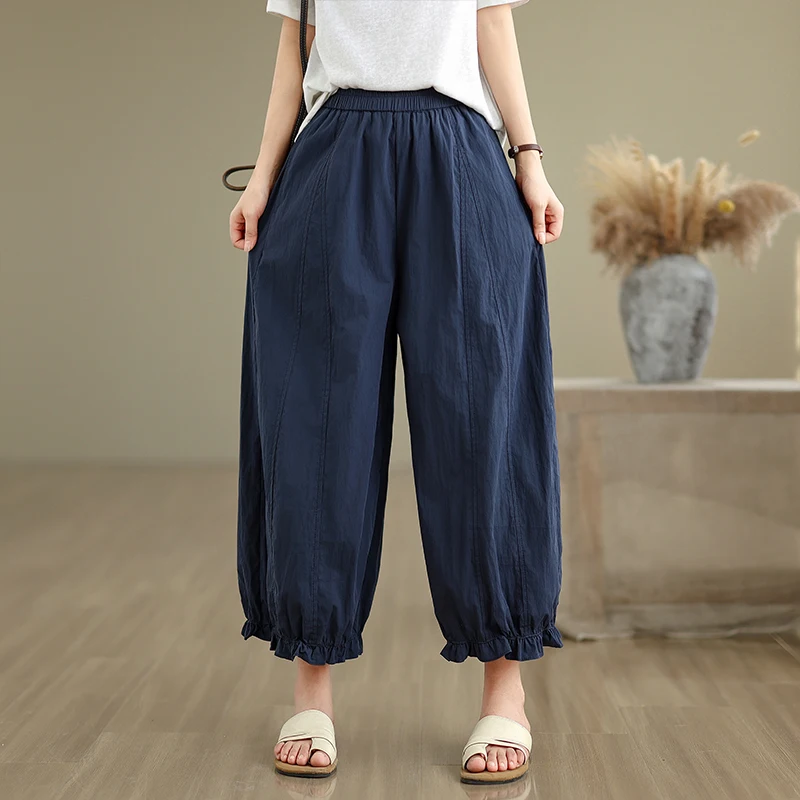 الصيف المرأة كشكش هيم مرونة الخصر Dstring فانوس زهرة السراويل واسعة الساق تسع نقاط بناطيل كاجوال فضفاضة تناسب رقيقة #3