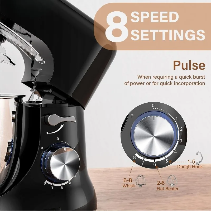 خلاط حامل، خلاط كهربائي للمطبخ Zuccie 4.8QT، خلاط طعام بقوة 380 وات، خلاط عجين 8+P-Speed مع خطاف عجين، سلك