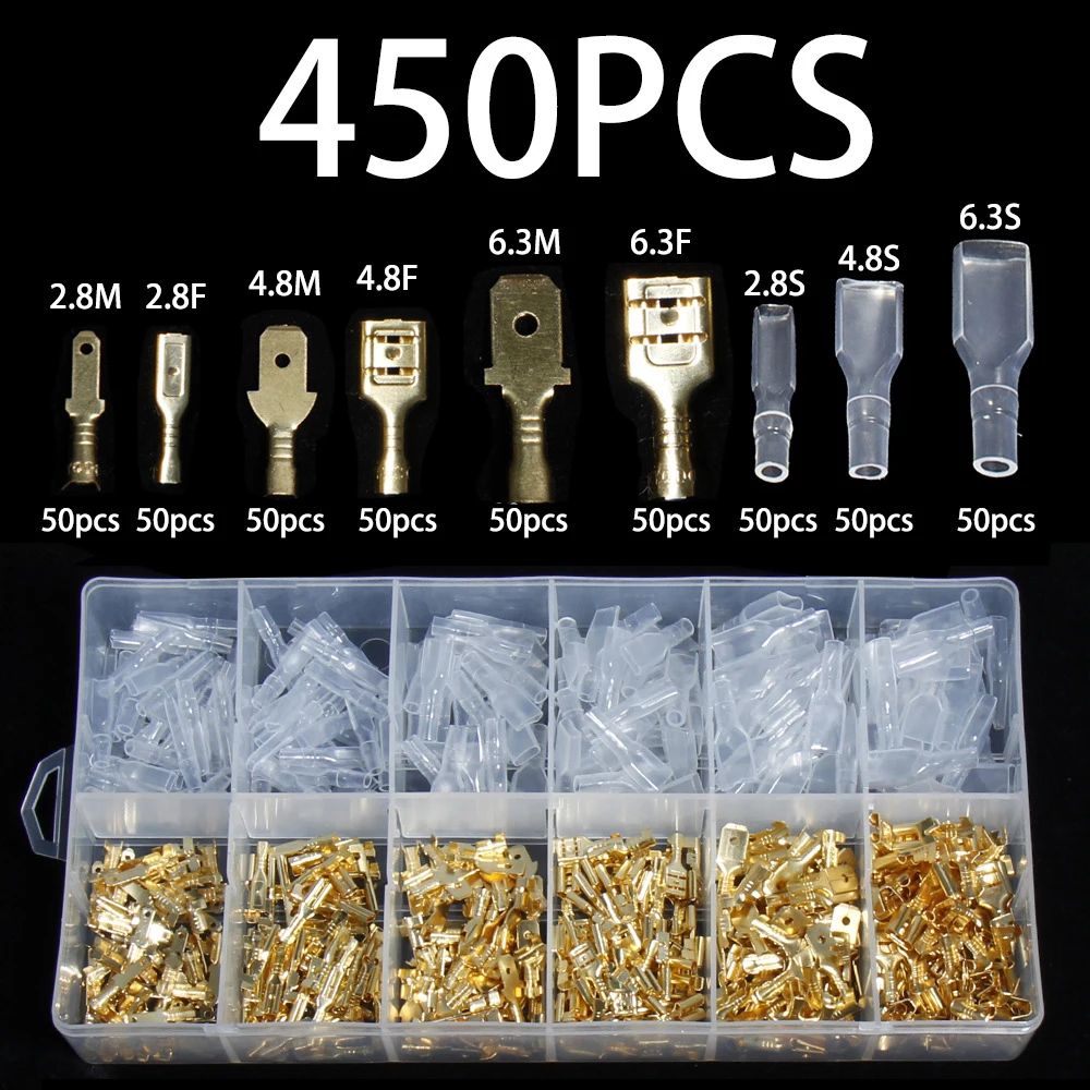 

450pcs Male Female Spade Crimp Connectors Kit With Insulating Sleeve - 2.8mm,4.8mm,6.3mm Crimp Terminals for Electrical Wiring