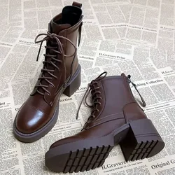 High Quality Pu Leather Chunky Wedge Platform Boots for Women High Top Lace Up Zip Design Knight Boots Winter Warm Ankle Boots