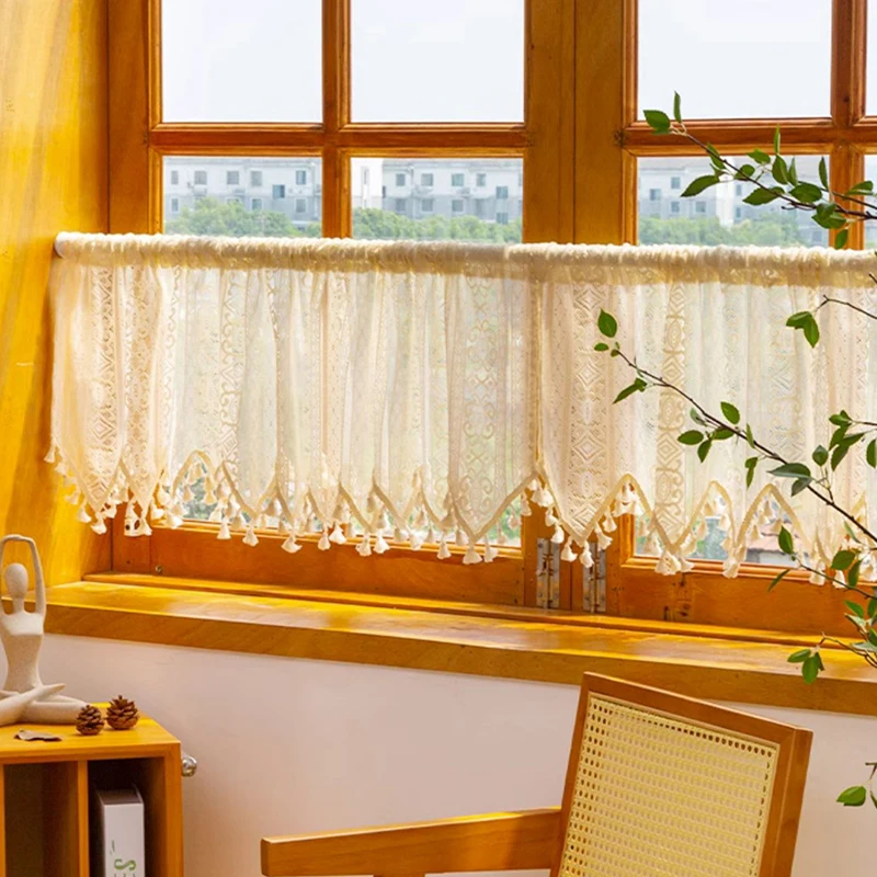 American Country Crochet LInen Tassel Hollow Short Curtains for Kitchen Manual Geometric Pattern Half Curtains Living Room #A434