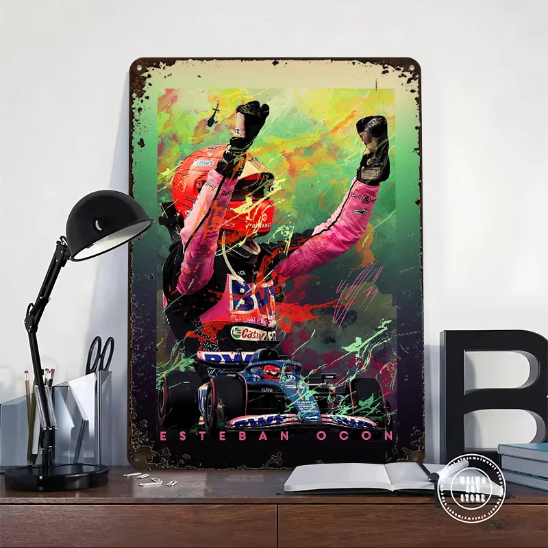 Esteban Ocon سباق تين تسجيل جدار الفن رجل الكهف خمر علامات معدنية للرجل كهف الديكور عناصر ديكور منزلي فني الجداريات #2