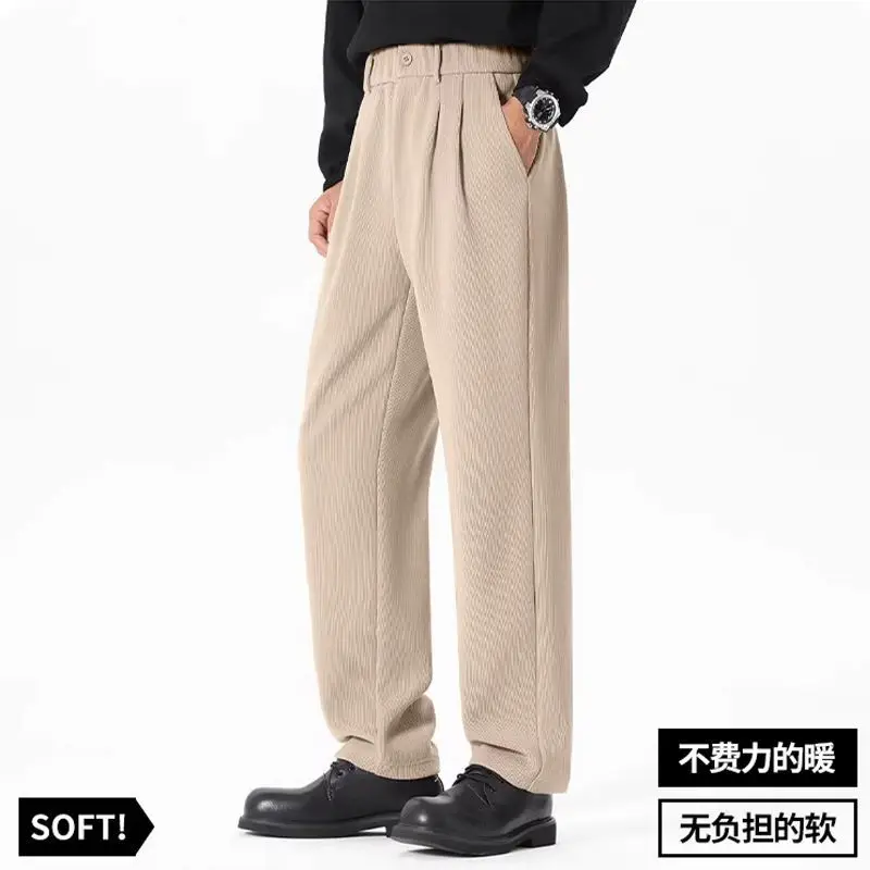 Men Autumn Winter Heavyweight Corduroy Feel Straight Leg Casual Trousers Vertical Drape Wear Resistant Pants
