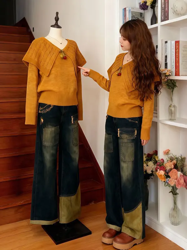 

Ретро-свитер с большим воротником, свободного кроя, красивый топ для невысоких, омолаживающий эффект, весенняя мода, вязаный хлопок