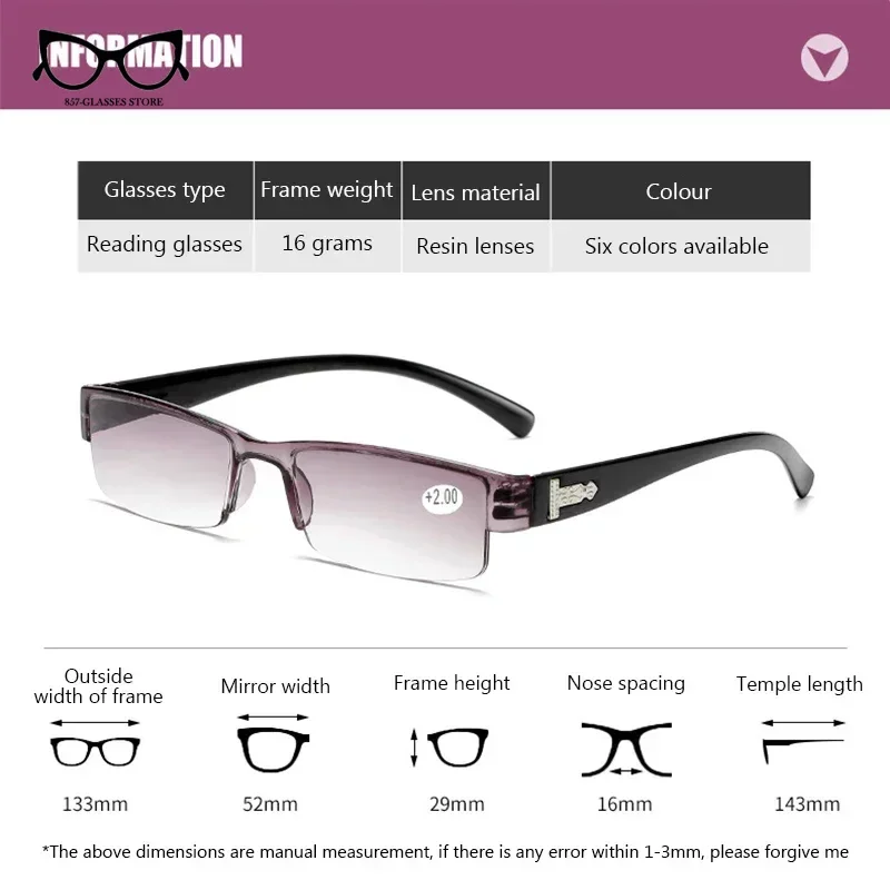 Korean Fashion Reading Glasses Men Women Clear Lens Half Frame Presbyopic Eyewear 1.0 1.5 2.0 2.5 3.0 3.5 4.0 for Reader