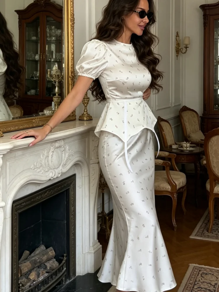 Elegantes florales Damen-Maxikleid für den Sommer mit Patchwork und kurzen Puffärmeln, O-Ausschnitt, modisches bedrucktes Damenkleid 2026