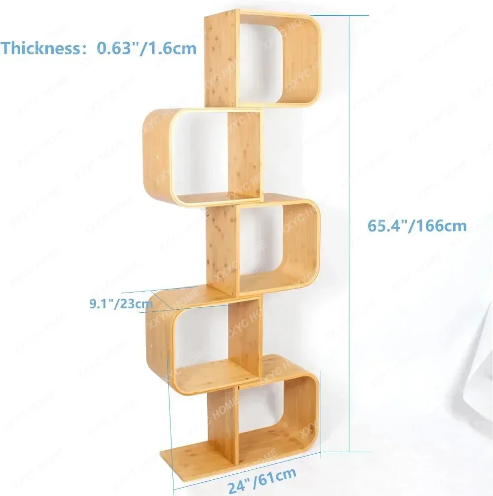 Y 5-Tier S-Shaped Geometric Modern Bamboo Bookshelf, 2 in 1 Bookcase Storage CDs, DVDs Book Shelf for Home, Living Room