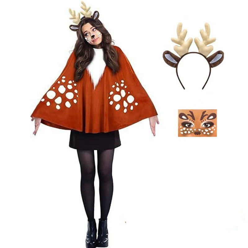 

Рождественский костюм оленя, женский костюм оленя, коричневый плащ с лосем джунглей, повязка на голову для взрослых, карнавальный костюм для вечеринки, мероприятия