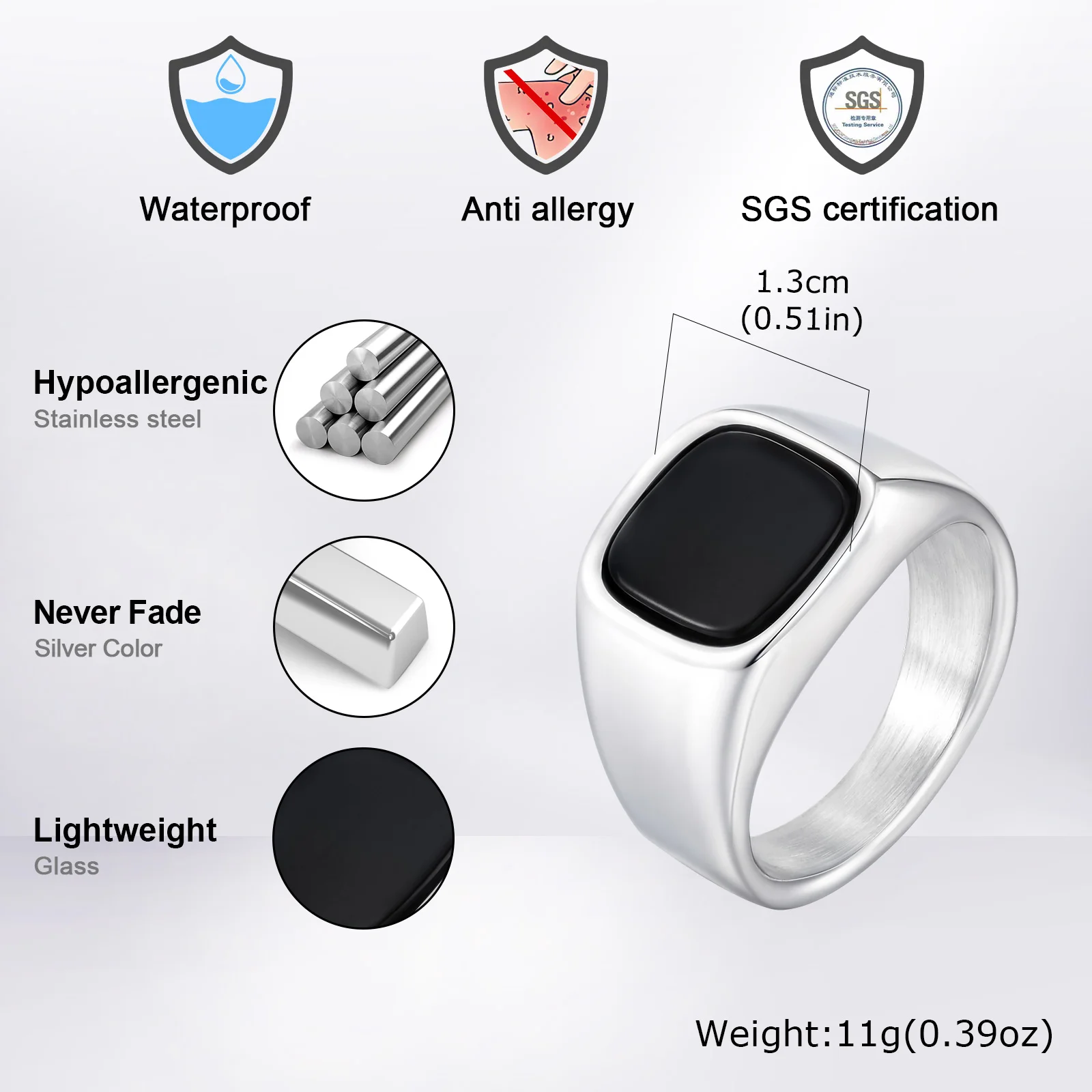 Stylish Black Stone Rings for Men Boys,Waterproof Stainless Steel Geometric Square Ring Signet Ring,Jewelry Gifts for Him
