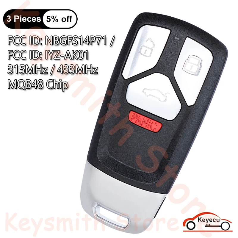 KEYECU 4Buttons 315MHz 433MHz MQB48 for Audi A3 TT R8 A4 A5 Q5 Q7 S5 SQ5 Auto Smart Remote Key Fob 8S0959754AL 4M0959754AK/AQ/AF