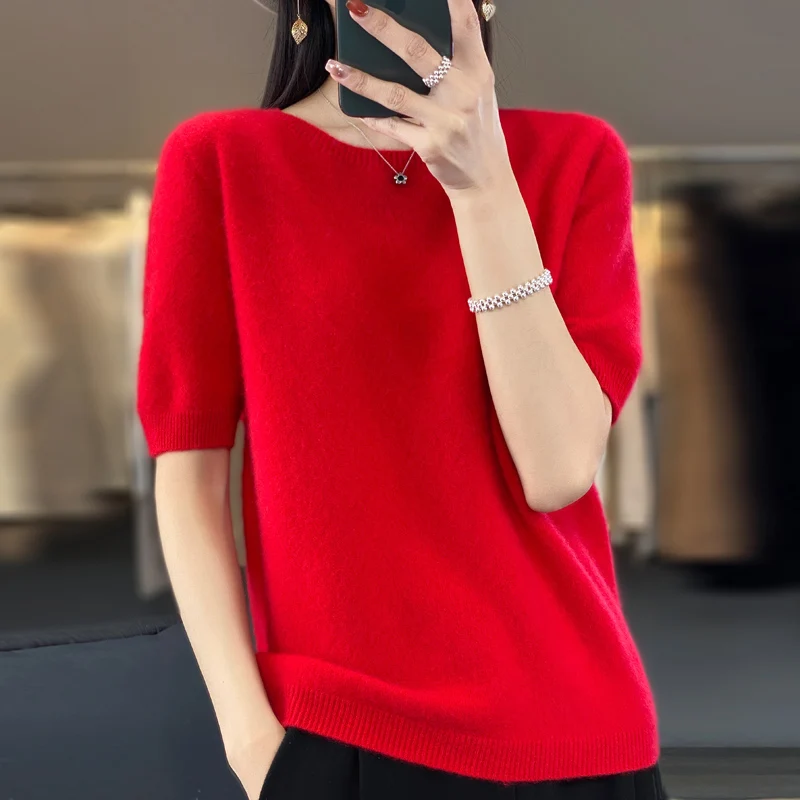 Fashion new ladies 100% beautiful slave wool knitted half sleeve O-neck loose T-shirt