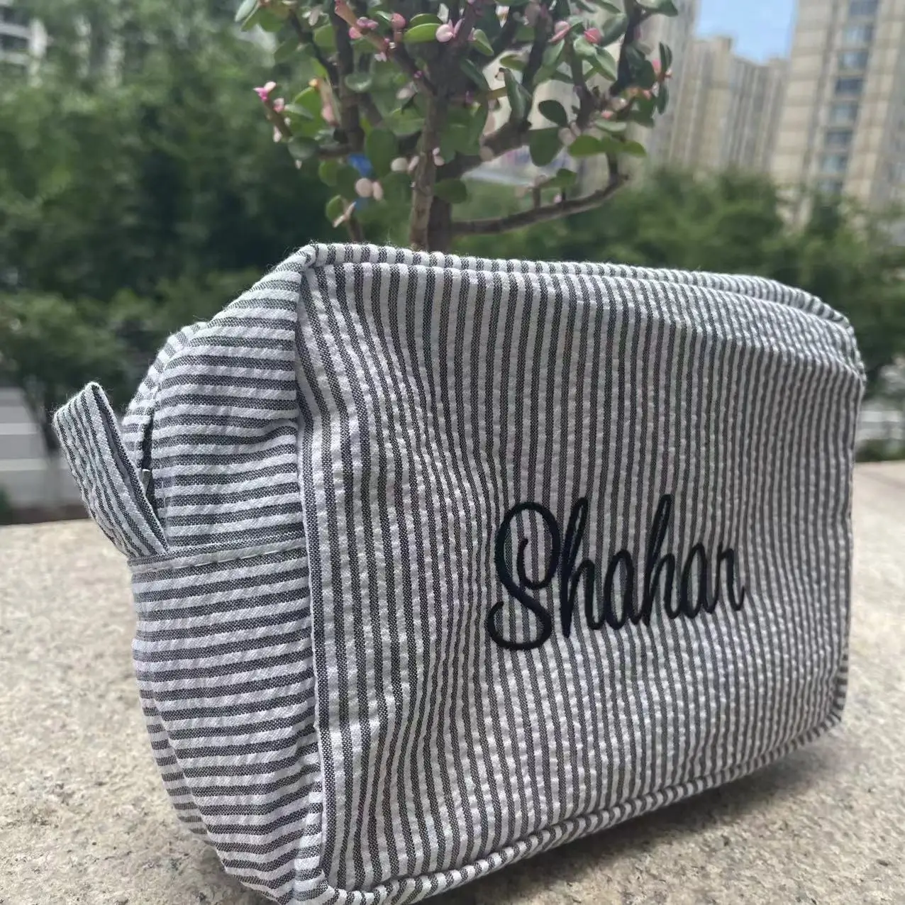 Personalized Cosmetic Bag Custom Makeup Bag Seersucker Toiletry Bag Bridesmaid Make Up Bag with Name Bachelorette