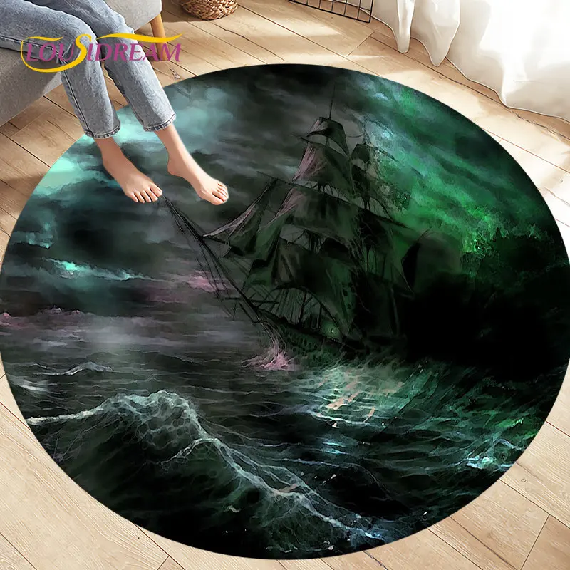 Pirate Boat,Barque,Boat Ship  Area Rug,Round Carpet Rug for Living Room Bedroom Sofa Decoration,Kid Play Game Non-slip Floor Mat