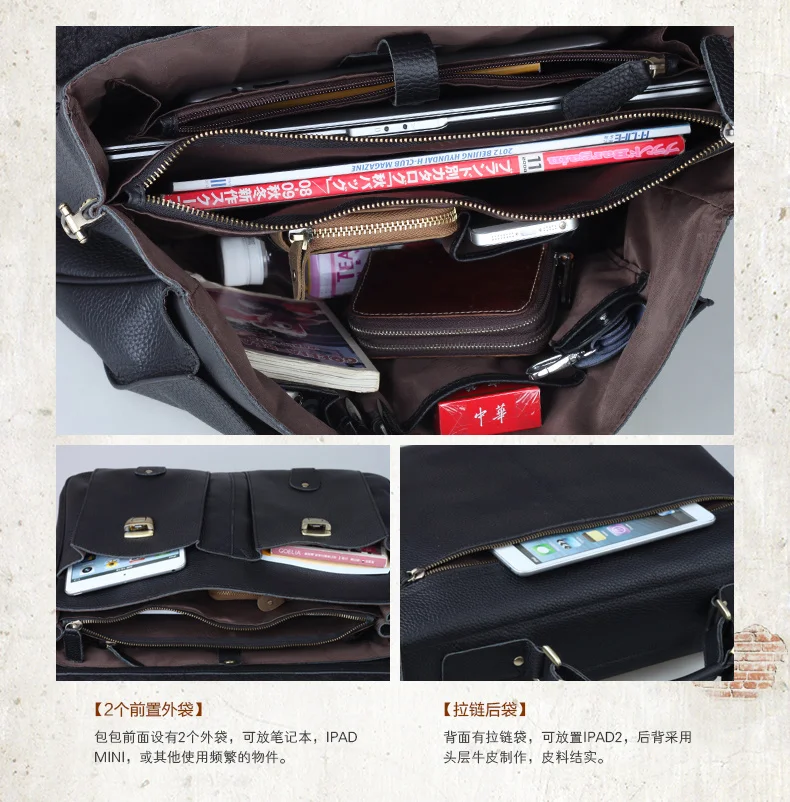 Leder Aktentasche Herren Herren echte s für 15 "Laptop-Tasche Business-Fall männliche Mann Umhängetasche schwarz