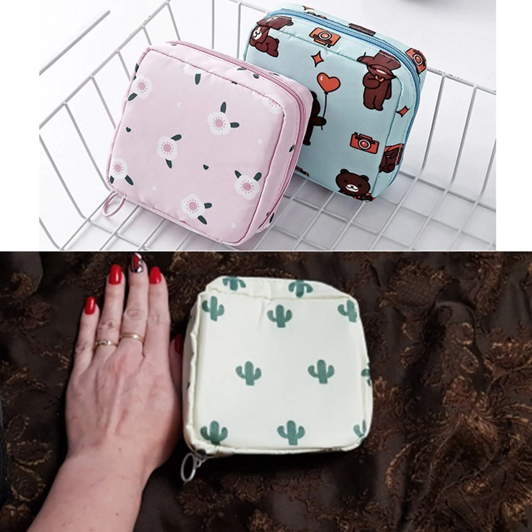 ABWR-2PCS 미니 메이크업 가방 지퍼 소녀 위생 패드 가방 카드 홀더 동전 지갑 화장품 헤드폰 케이스 위생 주머니 핑크