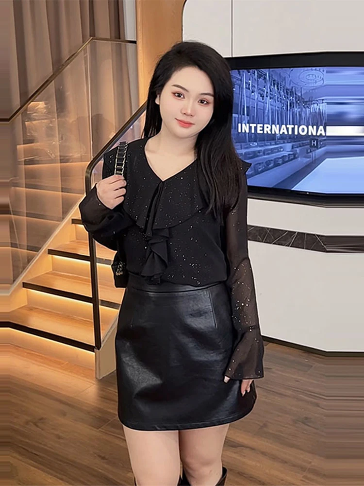 

Весенний новый женский комплект больших размеров: юбка с V-образным вырезом и цветочным принтом, блузка, стройнящий модный повседневный костюм из полиэстера