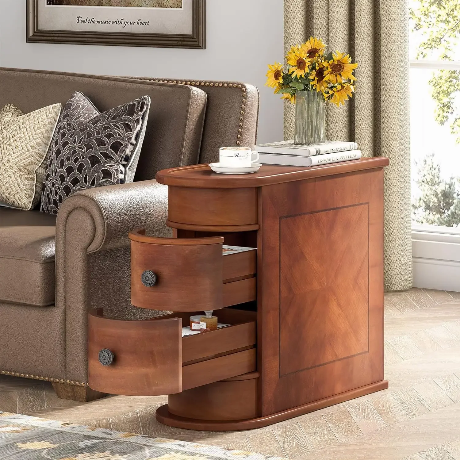 home.Wood End Table with 2 Drawers Sofa Side Table, No Assembly Required Vintage Slim Nightstand Bedside Table for Bedroom