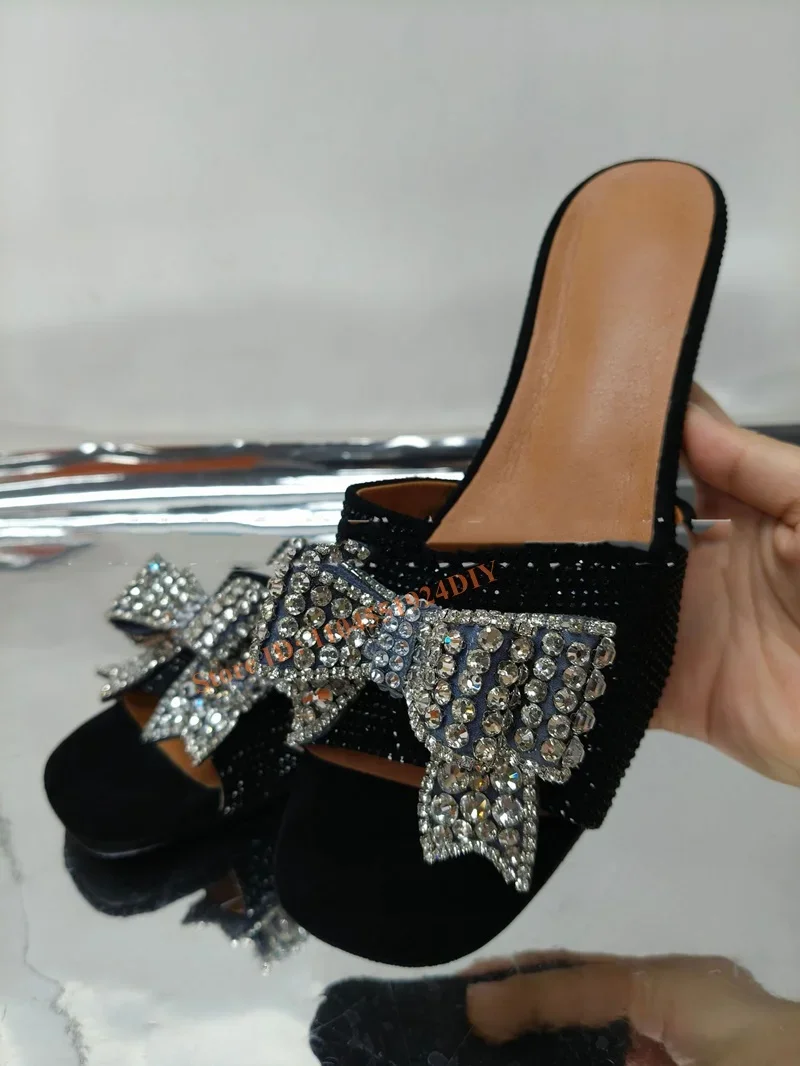 Sandalias de tacón plano con nudo de pajarita grande adornadas con cristales, zapatos novedosos para mujer con bolso, zapatos planos de verano con diamantes de imitación y mariposa