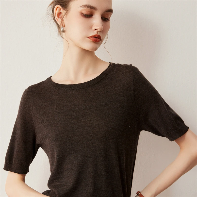 春秋の新作レディーススリムプルオーバー伸縮性100%羊毛セーターOネック半袖梳毛ウールニット通気性トップス