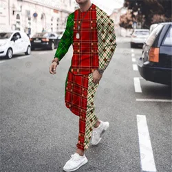 Men's Autumn and Winter New Plaid 3D Printing Fashion Retro Sports Long Sleeve Fitness Pants Casual Jogging Suit Plus Size