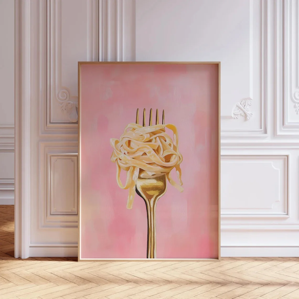 2D Flat, 2D Flat, 1pc Wall Decoration, Retro Poster Featuring Pink Pasta, Adorable Pasta Artwork, Fashionable Fork Food Print