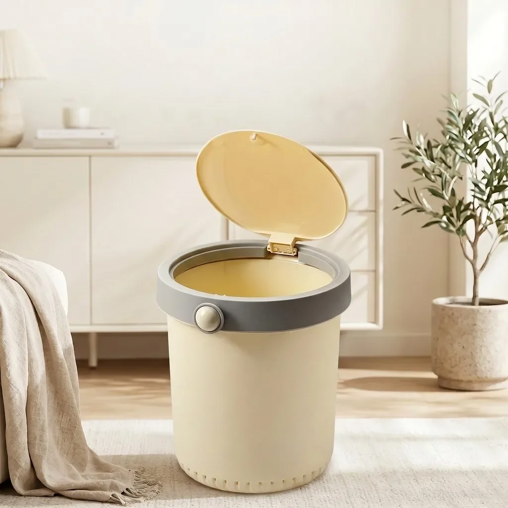 Round Plastic Bathroom Trash Can with Lid Push Button Kitchen Garbage Bin Living oom Office  Wastebasket Dustbin Hidden Bag Ring