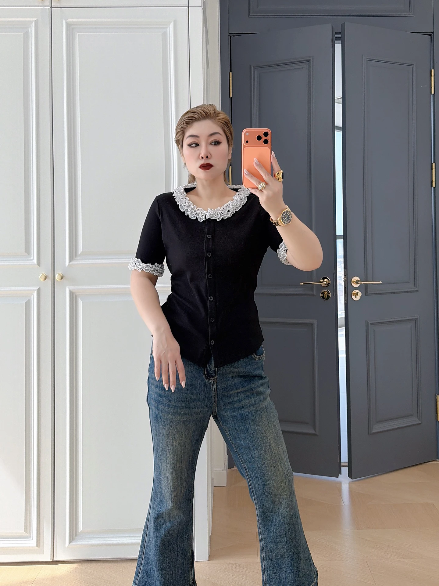 

Черный вязаный свитер с коротким рукавом в горошек и кружевом, в студенческом стиле, с дизайнерским подходом, для женщин больших размеров