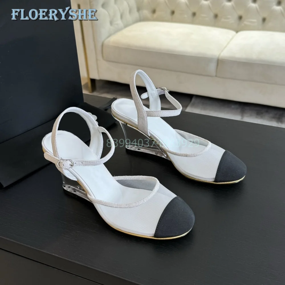 Splicing Mixed Color Sandals Marry Janes Ankle Strap Transparent Wedge Heel Round Toe Mesh Breathable 2024 New Luxury Fashion