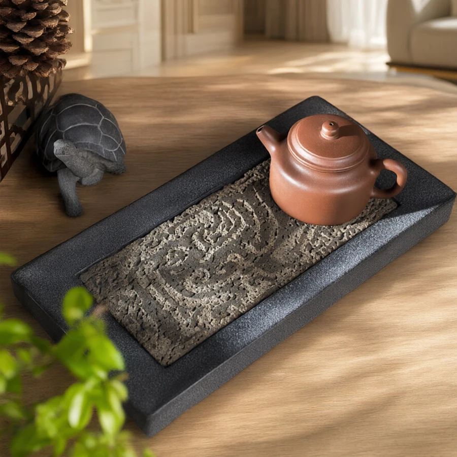 Natural Stone Tea Tray Drainage Black Basalt Hand Carved Phoenix Pattern Rectangular Gongfu Tea Tray Home Decor Gift 30x15cm