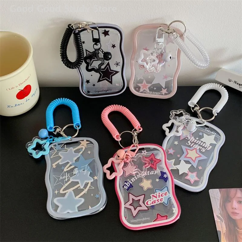 Sweet Star Photocard Holder Idol Photo Storage Display Card Holder With Spring Rope Bell Pendant ID Card Protective Case Keyring