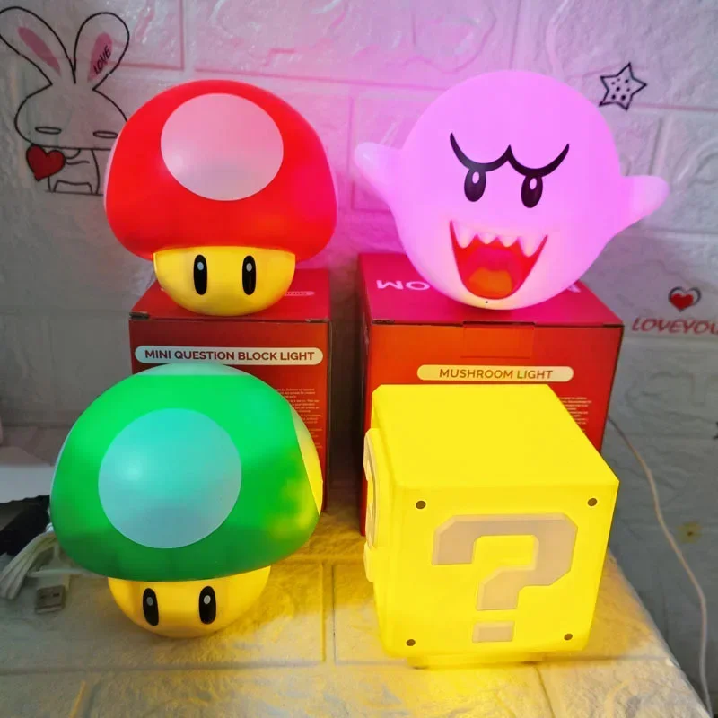 

Super Marios Bros Cartoon LED Night Light Anime Figures Marios Mushroom Toad Boo Star Question Night Light Home Bedroom Lamp Toy