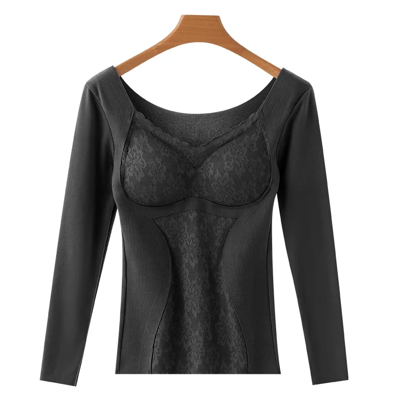 New Lace Velvet Belly Tightening Warm Long Sleeved Shirt With Chest Pad and Thickened Plush Seamless and Warm Base Underwear