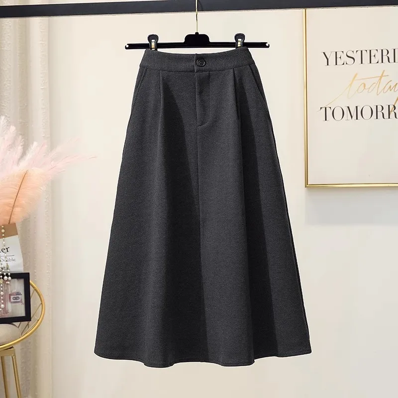 

High waisted A-line skirt for Women's clothing 2024 Autumn Winter New Female Solid color Slim Casual Skirts With pockets